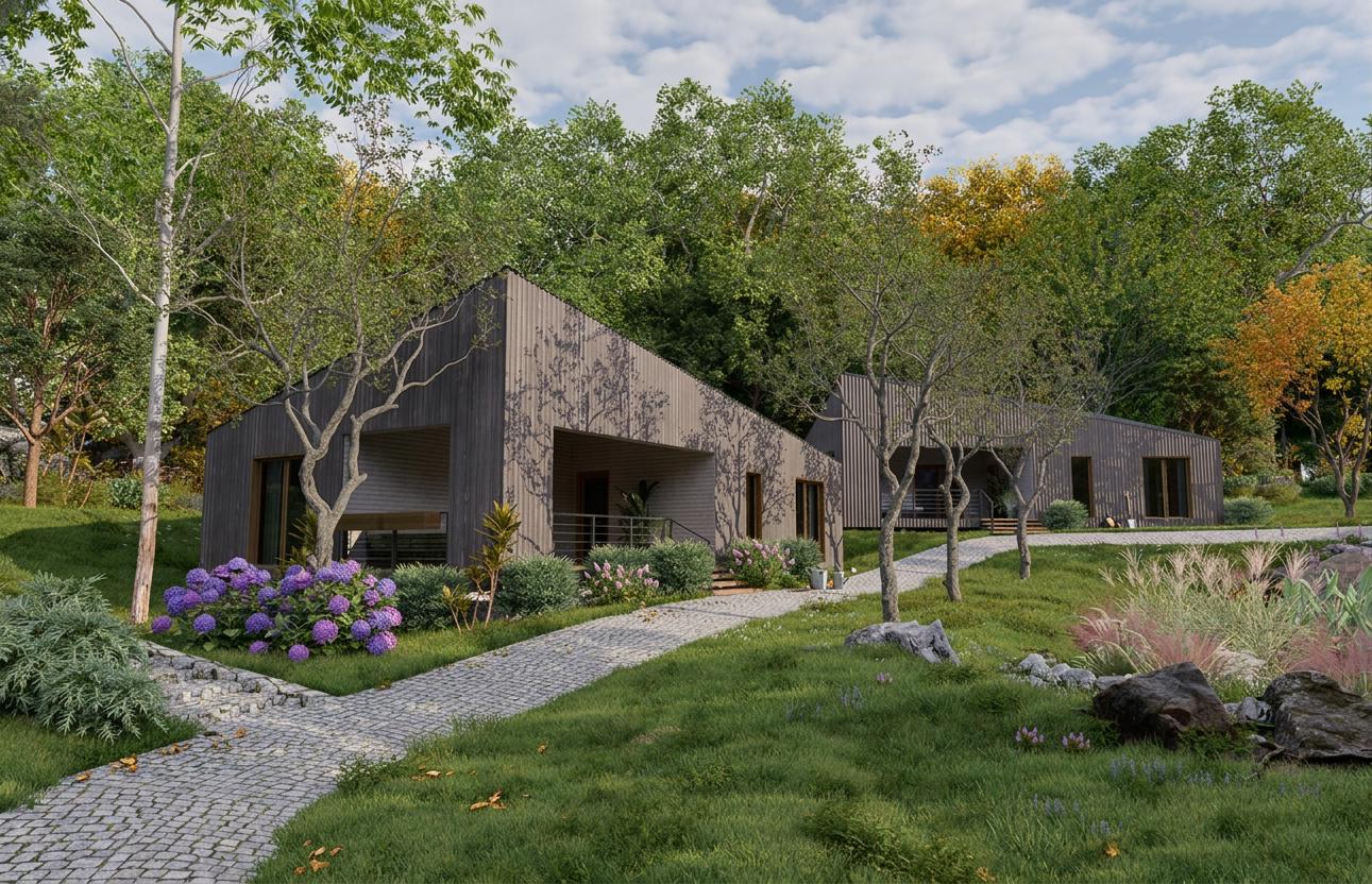 Betulla-PARK — fasada frontowa z ogrodem i brzozami