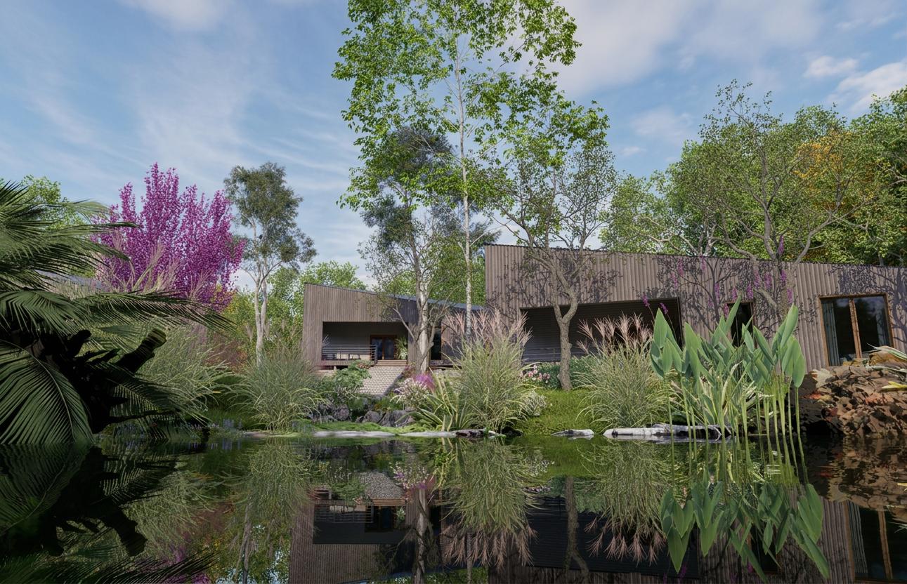 Betulla-PARK — staw z odbiciem i tropikalną roślinnością